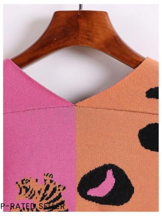 V-Neck Cardigan Sweater Coat Animal Print Color Block Button Down Soft - Picture 5 of 6